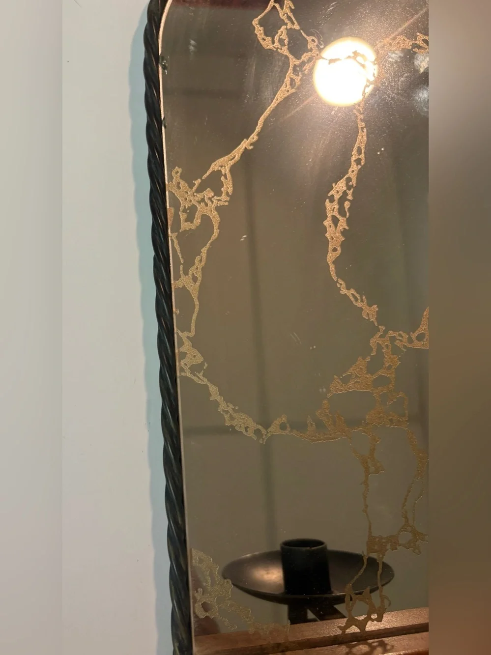 Vintage Unique Wood & Metal Wall Hanging Sconce With Gold Vein Mirror Arched